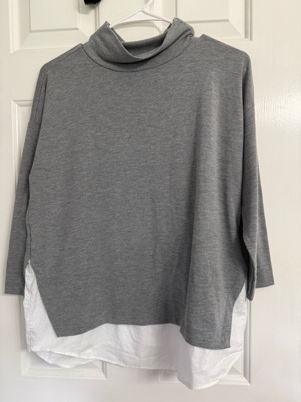 LOFT Gray Layered-Look Turtleneck Top with White Hem
